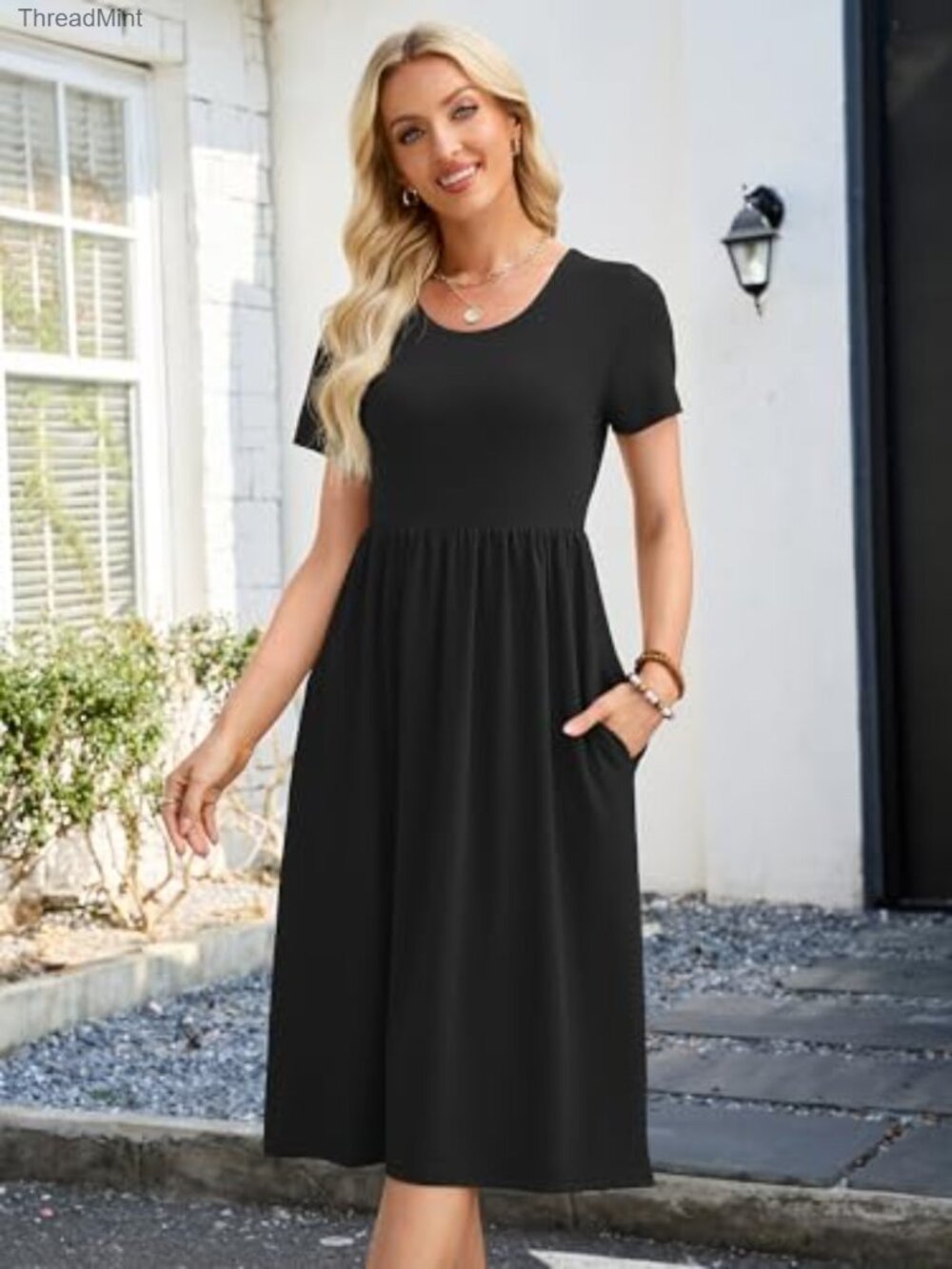 Casual Short Sleeve Midi Dress Crewneck A Line Tiered Flowy Loose Travel Summer - Picture 2 of 5